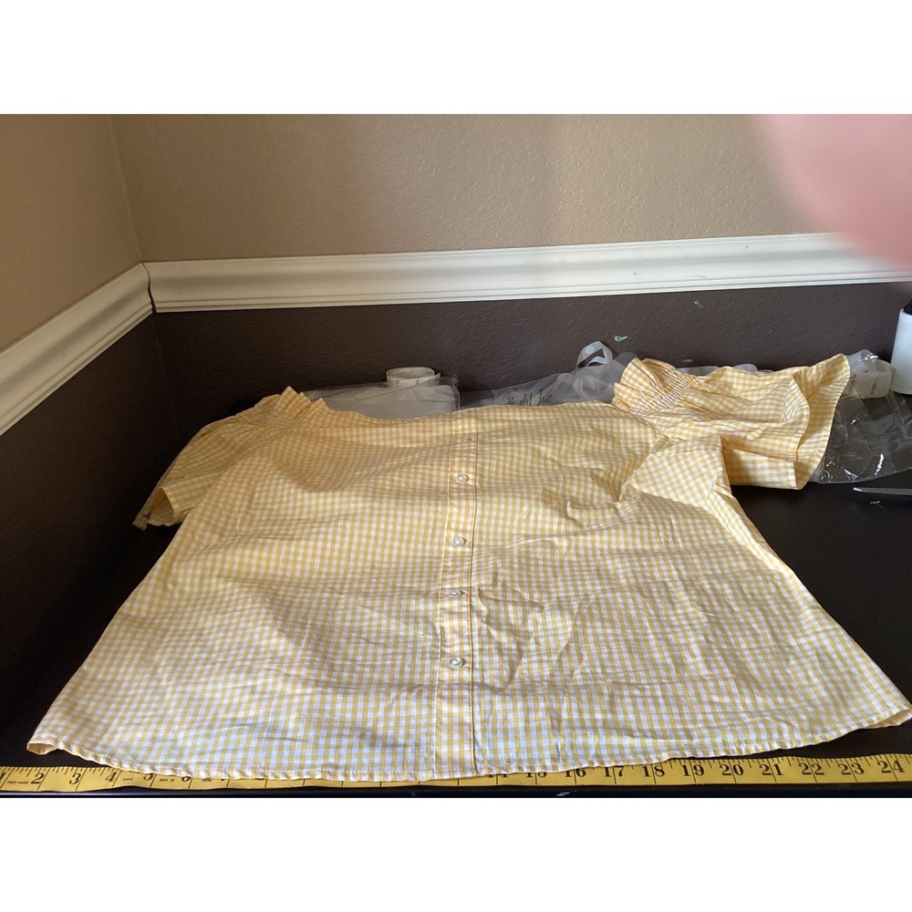 Primark Women Gingham Smock Button Front‎ Off Shoulder Top 14 Yellow Cottagecore